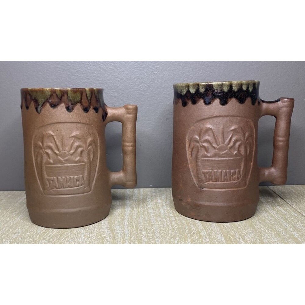 Lot of 2 Ceramic Jamaican Souvenir Collector Mugs 5" Brown Palm Trees